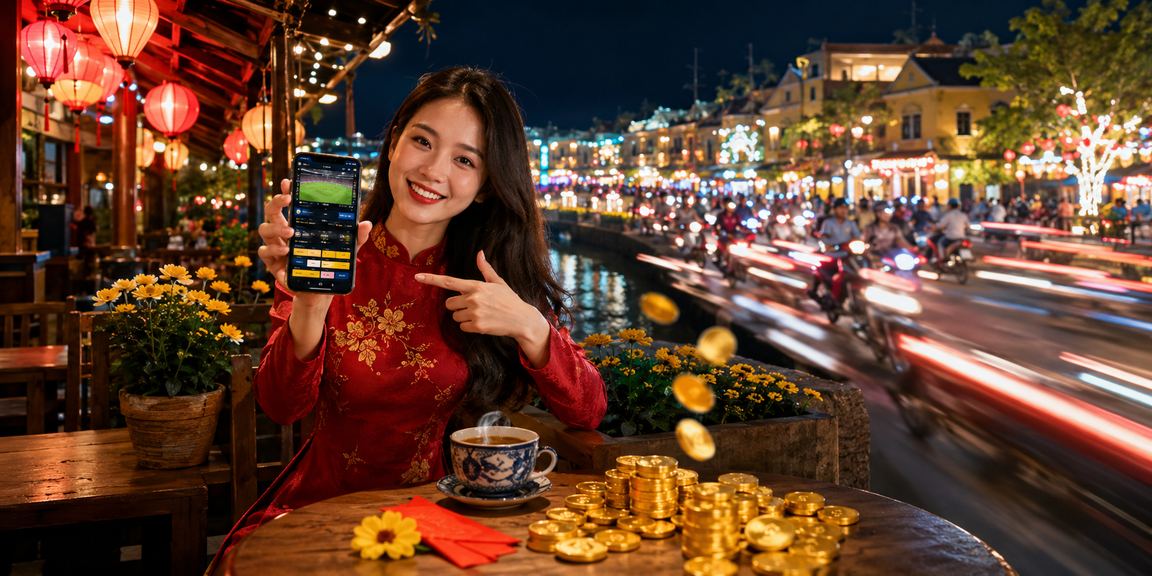 Khung cảnh người dùng cá cược thể thao qua điện thoại tại quán cà phê Hội An